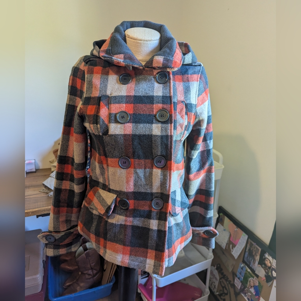 Dollhouse Plaid Jacket Women Small Double Button Up Blue Orange White Hooded